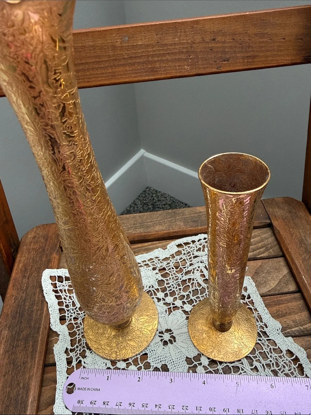 Vintage Gold Encrusted Etched Glass Bud Vases Pair Floral Bohemian Style
